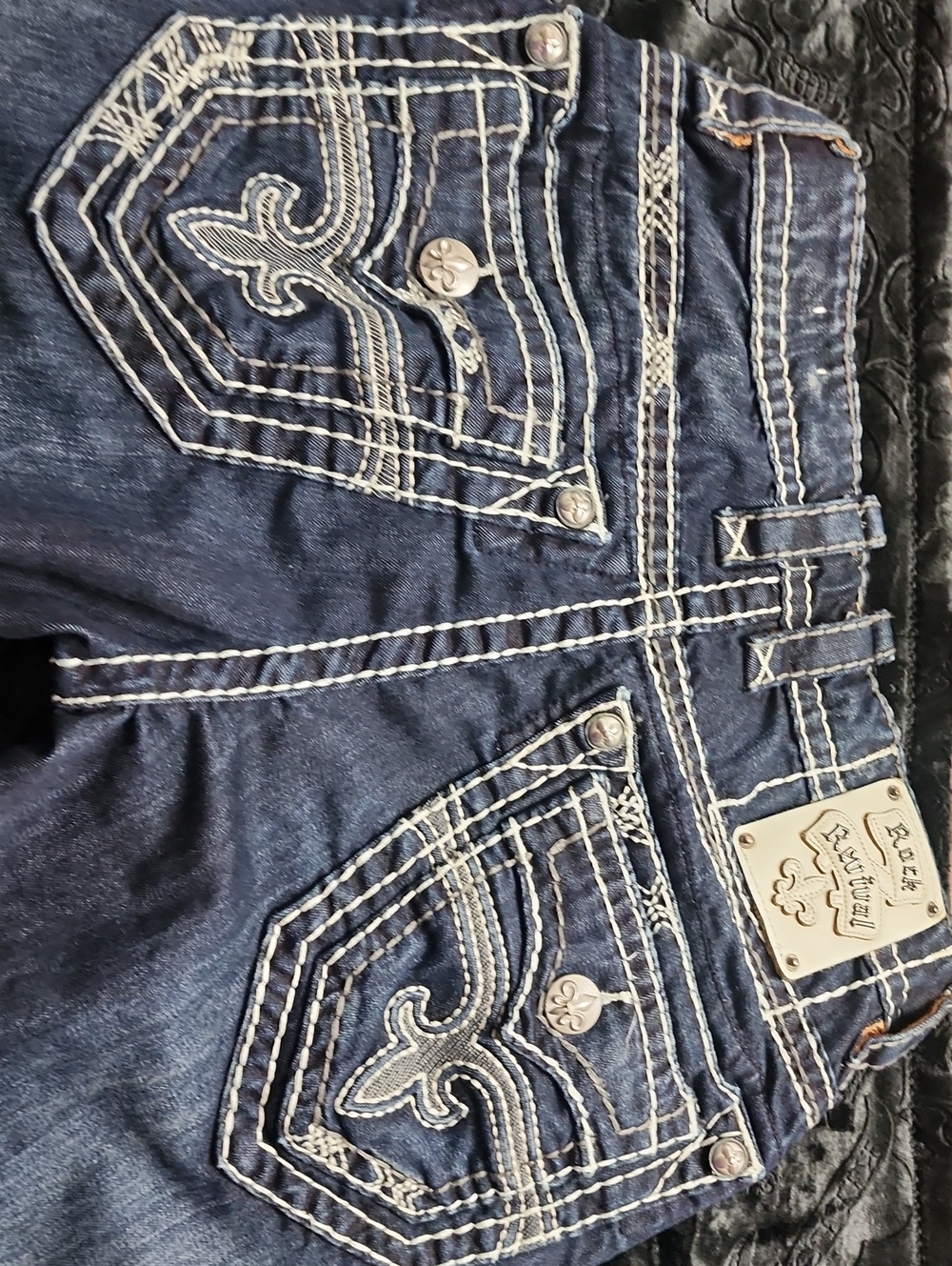 Rock Revival Men's Dark Blue Boot Cut Jeans with White Contrast Stitching 30x32